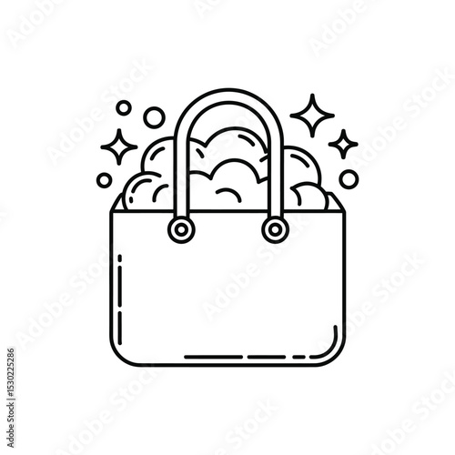 Laundry Basket with Bubbles and Sparkles Outline Icon Illustration