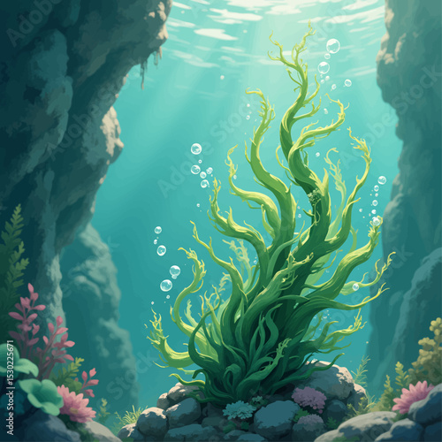 Underwater Serenity: Green Kelp and Bubbles in Crystal-Clear Waters