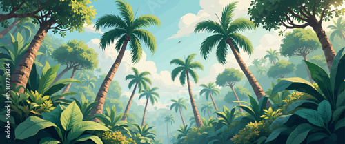 Tropical Serenity: Palm Trees in Lush Jungle Underneath Clear Sky