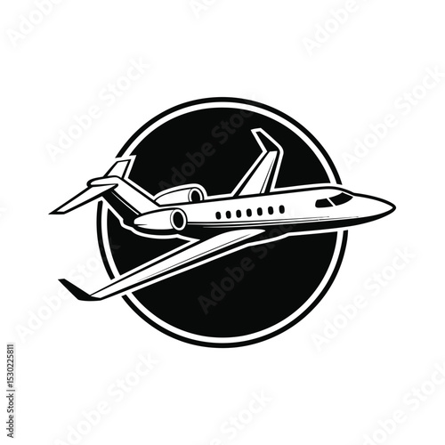 Black and White Private Jet Airplane Icon in a Circle
