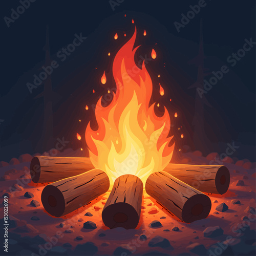 Warm Bonfire in Snowy Forest at Night