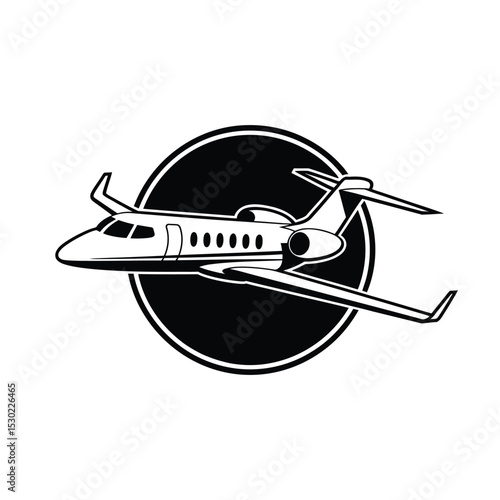 Black and White Private Jet Illustration with Circular Background