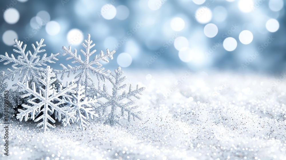Festive winter scene with snowflakes on glitter Festive winter scene with snowflakes on glitter
