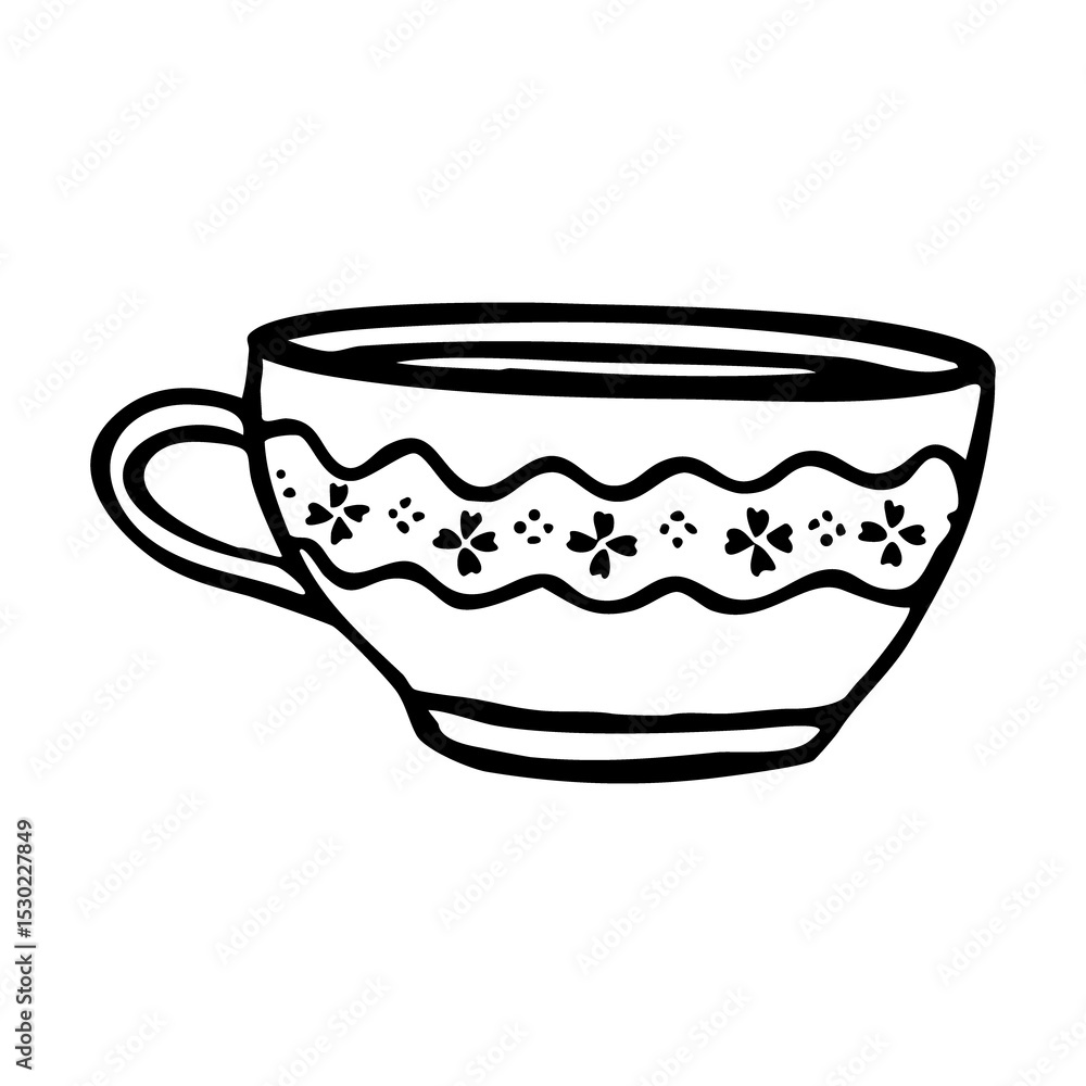 Hand drawn line art teacup on transparent background. Cozy, vintage style teacup doodle with floral details. Hand drawn line art teacup on transparent background. Cozy, vintage style teacup doodle with floral details.