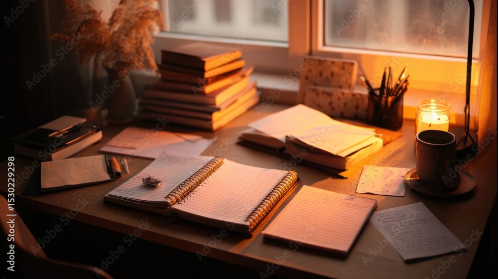 Fototapeta premium Warm interior desk workspace with books and notebooks