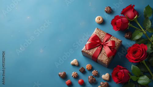 Christmas day banner minimalis, gift chocolate sweets and red roses on blue background