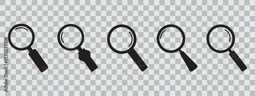 Set of magnifying glass icon. Magnifying glass icon in line style and flat. Magnifying glass realistic isolated on checkered background, vector illustration