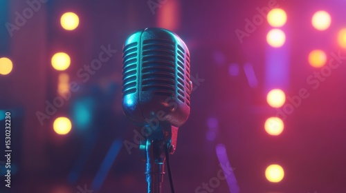 Retro microphone on stage with colorful lights. (1)