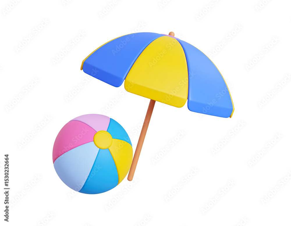 Obraz premium 3d beach umbrella and ball isolated on transparent png clipping path