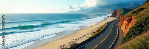 Coastal highway curves along sandy beach, ocean waves crash , birds-eye view, waves