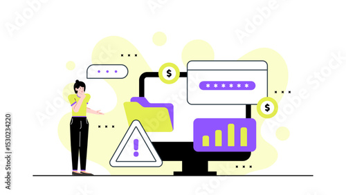 Woman viewing computer with warning sign. Suitable for cybersecurity concepts, online safety, data breach awareness, IT security presentations.