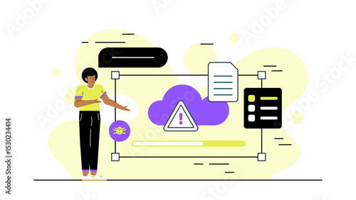 Person standing next to a diagram of a cloud server with a warning. Suitable for technology websites and cybersecurity concepts.