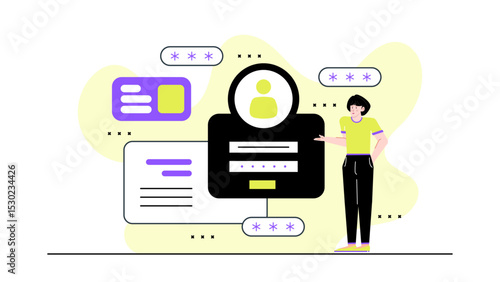 Woman standing by computer screen with password fields, suitable for cybersecurity, data breach, online security concepts in corporate settings.