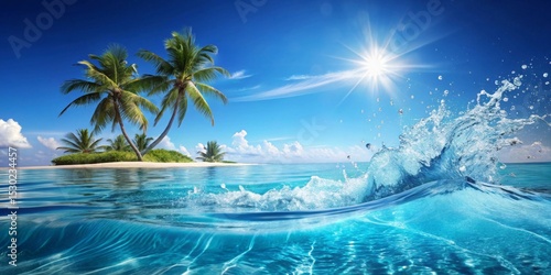 Tropical Island Paradise  Sun-drenched beach, vibrant turquoise water, palm trees swaying gently in the breeze, and a refreshing wave splashing into the scene.