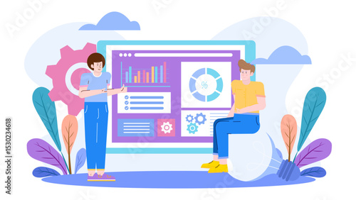 Two people analyzing data on a computer; perfect for blog posts, presentations, articles, or social media content about teamwork.