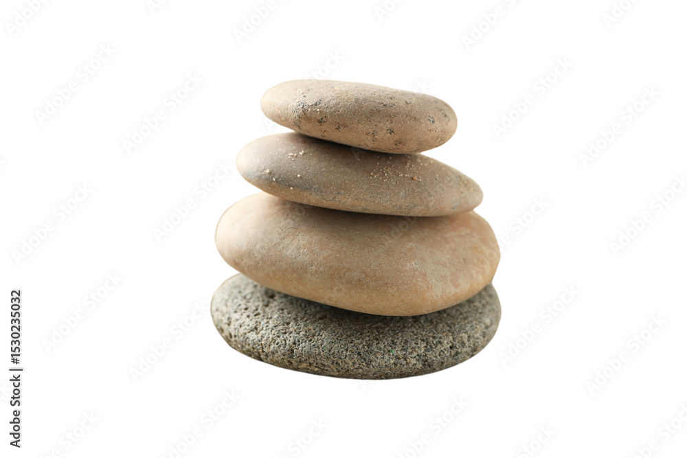 Stacked stones symbolize calm and stability, isolated on white, PNG Stacked stones symbolize calm and stability, isolated on white, PNG