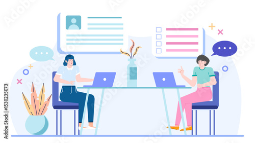 Two women sit at a table with laptops and talk. Suitable for workplace, business, networking, teamwork, diversity, and communication concepts.