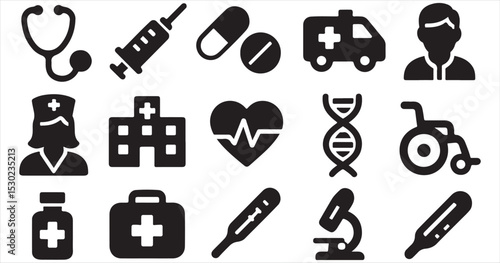Set of medical tools silhouettes vector icons