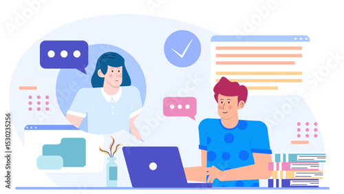 Man on laptop communicating with woman, suitable for marketing technology products, online communication platforms, remote work concepts, and virtual meetings.