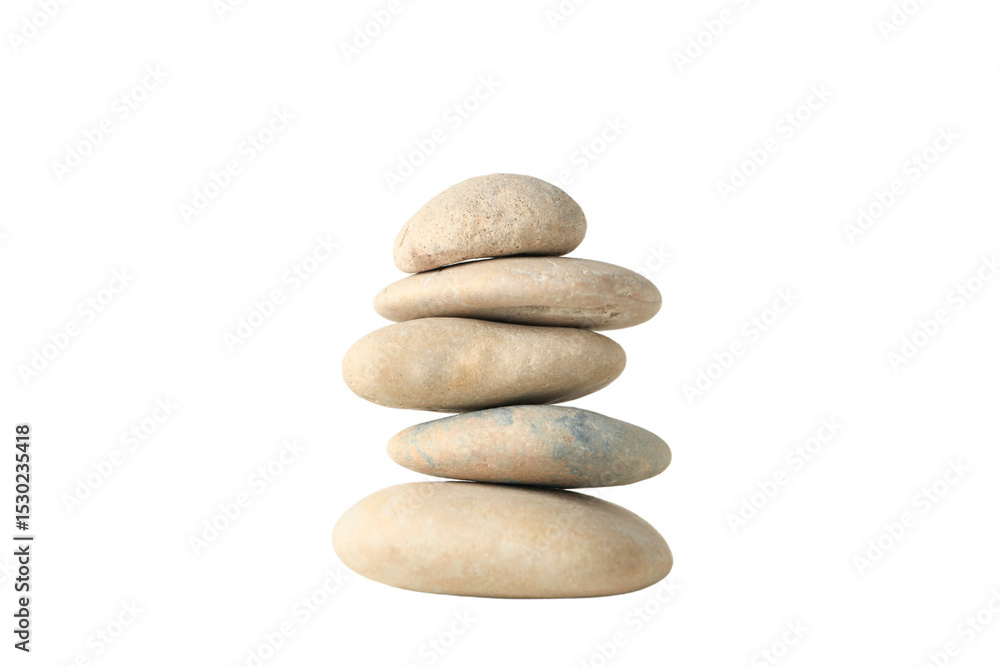 Fototapeta premium Smooth stones arranged in a balanced stack, isolated on white, PNG