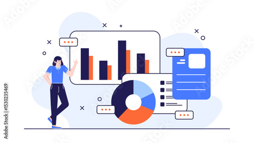 Woman presenting financial data, pointing at graphs and pie chart. Suitable for business presentations, reports, marketing materials, and financial concept blogs.