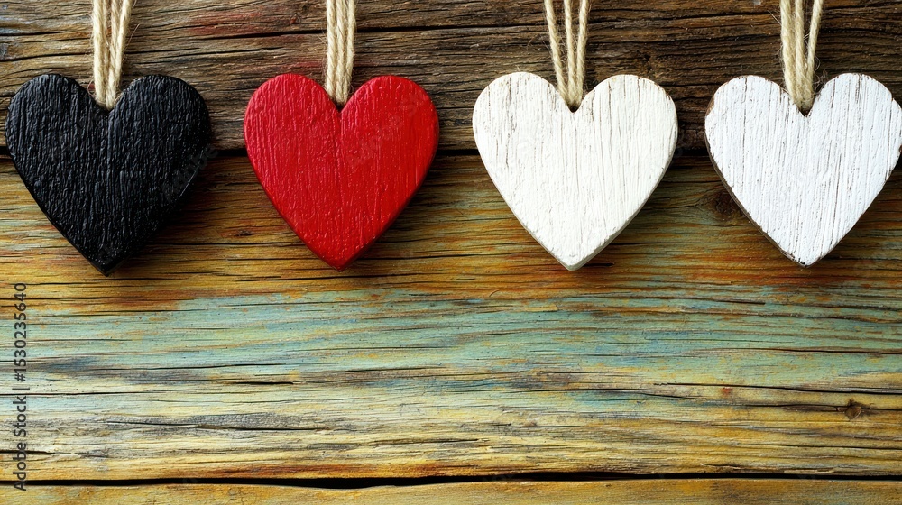 Four painted wooden hearts hanging from a rustic wooden surface Four painted wooden hearts hanging from a rustic wooden surface