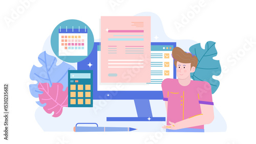 Man calculating and scheduling on computer with calendar, suitable for business, technology, planning, organization concepts in presentations and advertisements.