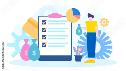 Man with money bag and checklist, suitable for financial planning, budgeting, accounting, and investment concept presentations, web design, and advertising.