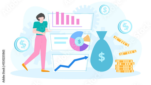 Woman presenting financial data with a money bag, suitable for finance presentations, business reports, and investment related content.