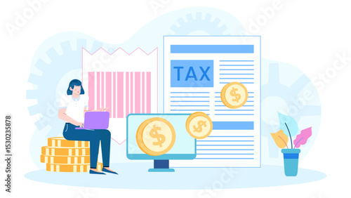 Woman sits at computer, paying taxes online. Perfect for financial or tax related themes in web design, social media posts, and presentations.