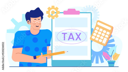 Man using calculator to calculate taxes; suitable for financial, tax relateda, accounting, business, and financial planning concepts in design projects.