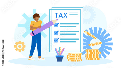 Man checking off items on tax checklist; suitable for tax preparation, financial planning, accounting, budgeting, and business-related concepts.