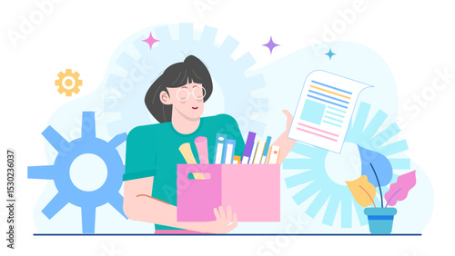 Woman holding box of belongings, leaving job. Suitable for concepts of career change, resignation, moving on, end of employment.