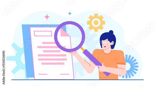 Ideal for graphic design projects or articles about curiosity, investigation, or analysis. The woman with blue hair uses a magnifying glass.