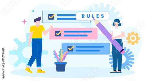 Two people discussing and reviewing a checklist of rules for work or business projects, suitable for presentations or blog posts.
