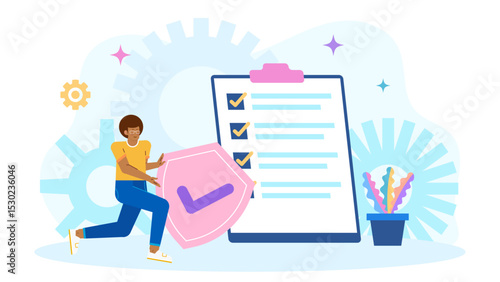 Man protecting a checklist with a shield, ideal for illustrating security, protection, planning, organization, task management concepts in designs.