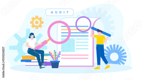 Two people auditing documents with magnifying glasses. Suitable for financial, auditing, investigation, and teamwork concepts in business industries.