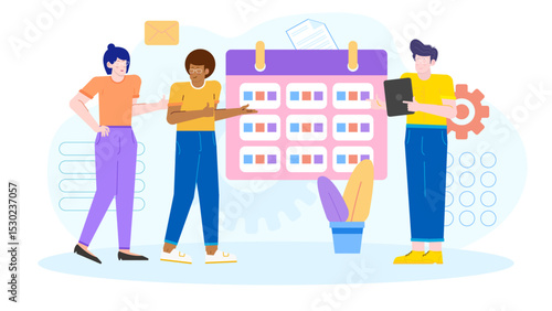Three people near a calendar with colorful squares, suitable for event planning, time management, teamwork, office organization illustrations.