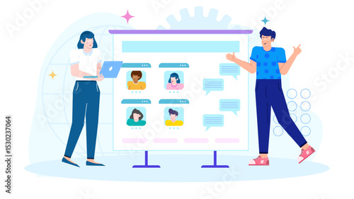 Two people presenting a whiteboard with avatars and messages. Perfect for presentations, team meetings, virtual conferences, online education.