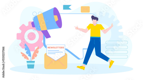 Man eagerly checks his email inbox filled with newsletters. Suitable for marketing, digital communication, excitement, technology, newsletter subscription concepts.