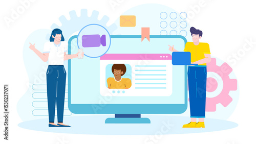 Two people having a video call, suitable for remote work, online meetings, virtual communication, technology, telecommuting, and remote collaboration visuals.