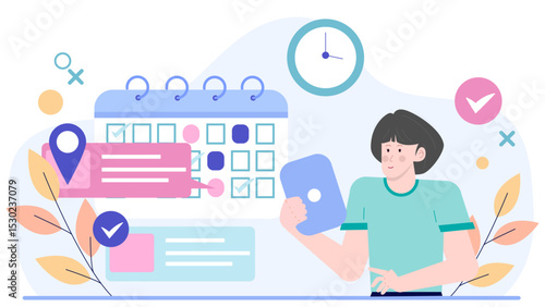 Woman uses tablet to check off calendar events. Suitable for digital organization, productivity, planning tools, time management, business apps concept.
