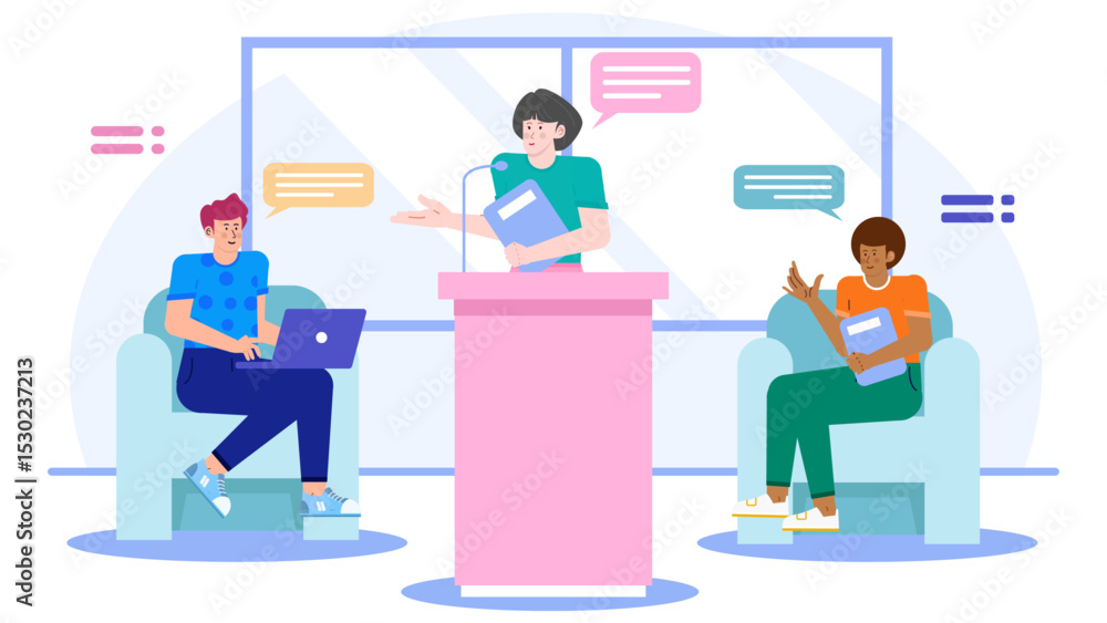 Three people in a meeting room, one person at a podium. Suitable for business presentations, conferences, team meetings, or office environments. Three people in a meeting room, one person at a podium. Suitable for business presentations, conferences, team meetings, or office environments.
