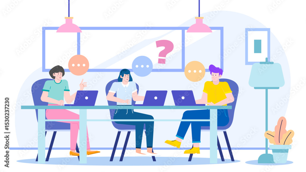 Three people at a table with laptops. Ideal for illustrating teamwork, collaboration, brainstorming, technology, co working spaces, and remote work concepts. Three people at a table with laptops. Ideal for illustrating teamwork, collaboration, brainstorming, technology, co working spaces, and remote work concepts.