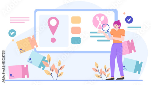 Woman examining a restaurant sign with a magnifying glass. Perfect for food bloggers, restaurant reviewers, and marketing materials related to dining establishments.