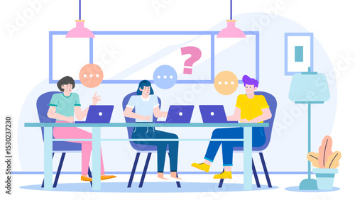 Three people at a table with laptops. Ideal for illustrating teamwork, collaboration, brainstorming, technology, co working spaces, and remote work concepts.