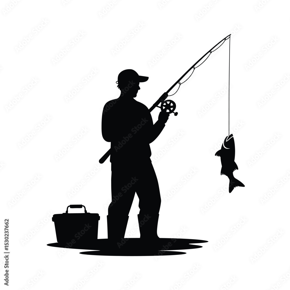 Obraz premium Silhouette of a Fisherman with a Catch on a Fishing Rod