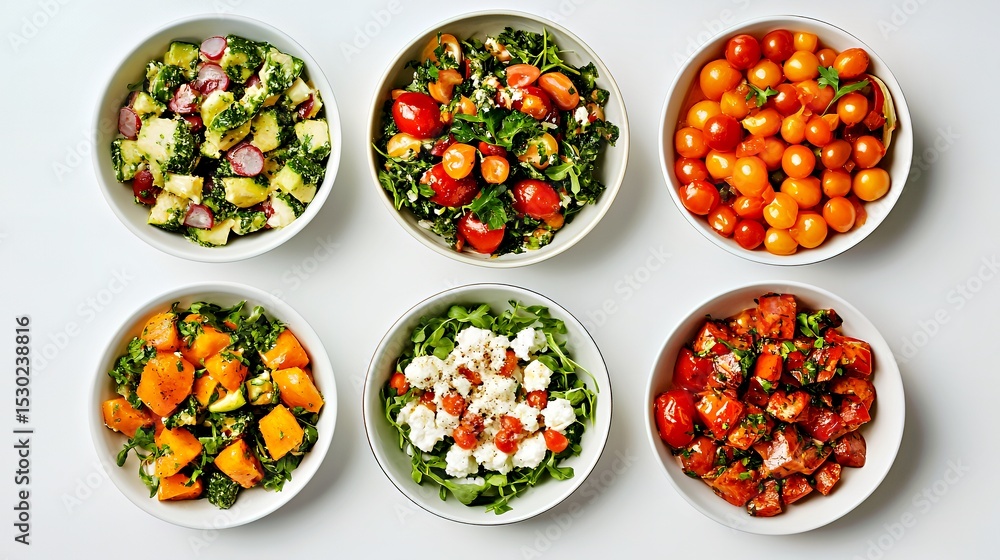 Vibrant assortment of fresh salads in white bowls, showcasing a colorful mix of ingredients. Vibrant assortment of fresh salads in white bowls, showcasing a colorful mix of ingredients.