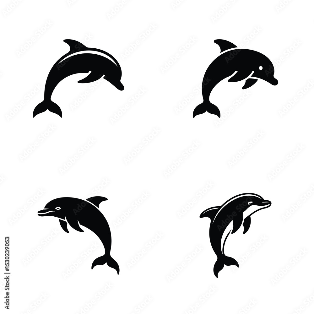 Obraz premium Four Black Dolphin Silhouettes Leaping on White Background, Minimalist Nautical Theme Design