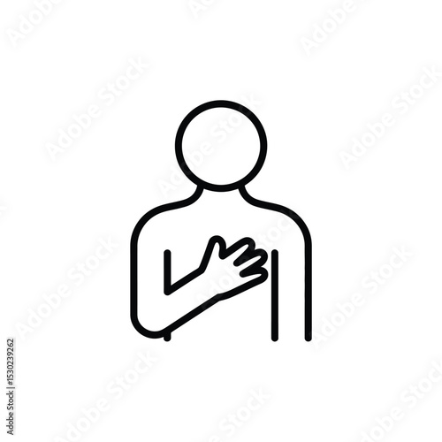 Line art illustration of a person with hand on chest